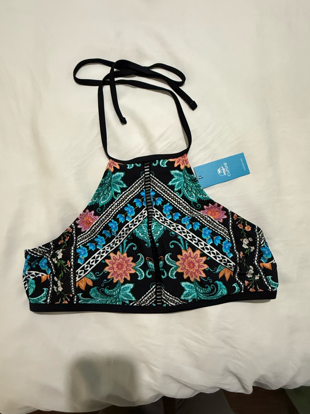 Cupshe Black Floral Halter One-Piece with Teal, Blue & Pink Accents